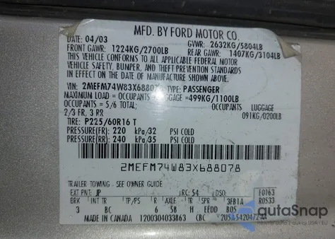 2003 Mercury Grand Marquis Gs from USA, damaged, VIN 2MEFM74W83X688078